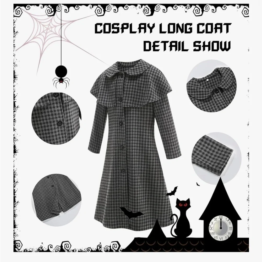 NWT Wednesday Adams Inspired Plaid Long Coat for Kids Cosplay Halloween